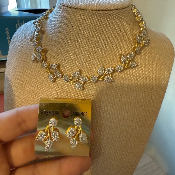 Gold and Silver Leaf Design Necklace and Earring Set - Picture 1 of 4